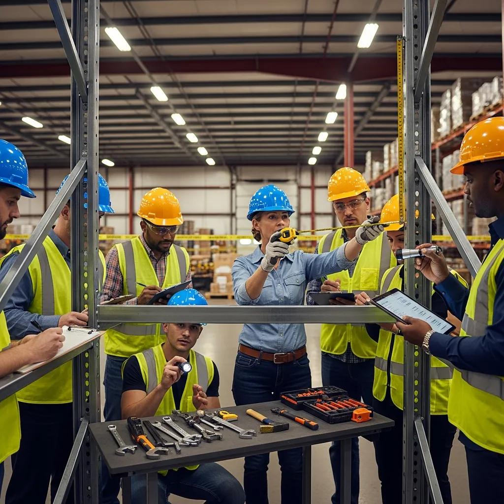 Training session on rack inspection techniques with employees learning from an instructor