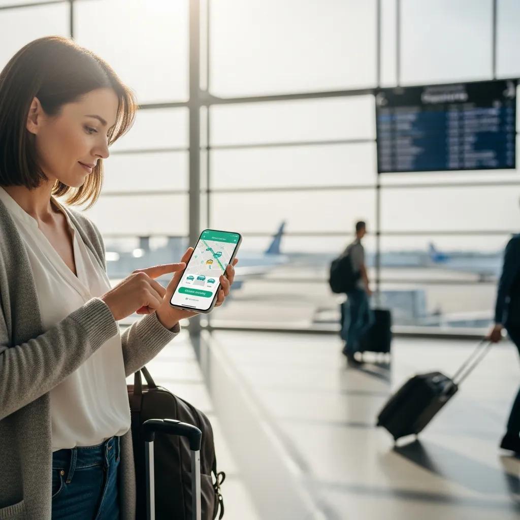 Traveler reserving a private car on a smartphone while at the airport