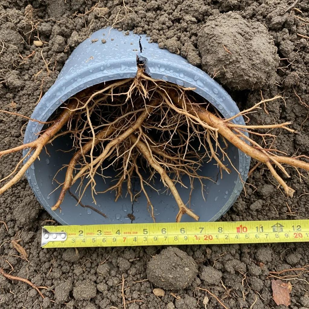 Tree roots growing toward and into a septic pipe