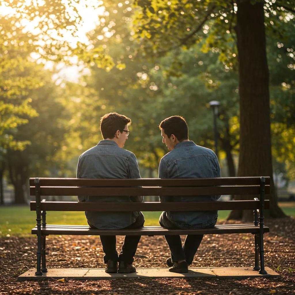 Two friends in a park, one gently asking for forgiveness, emphasizing the importance of emotional connection in relationships Two friends in a park, one gently asking for forgiveness, emphasizing the importance of emotional connection in relationships