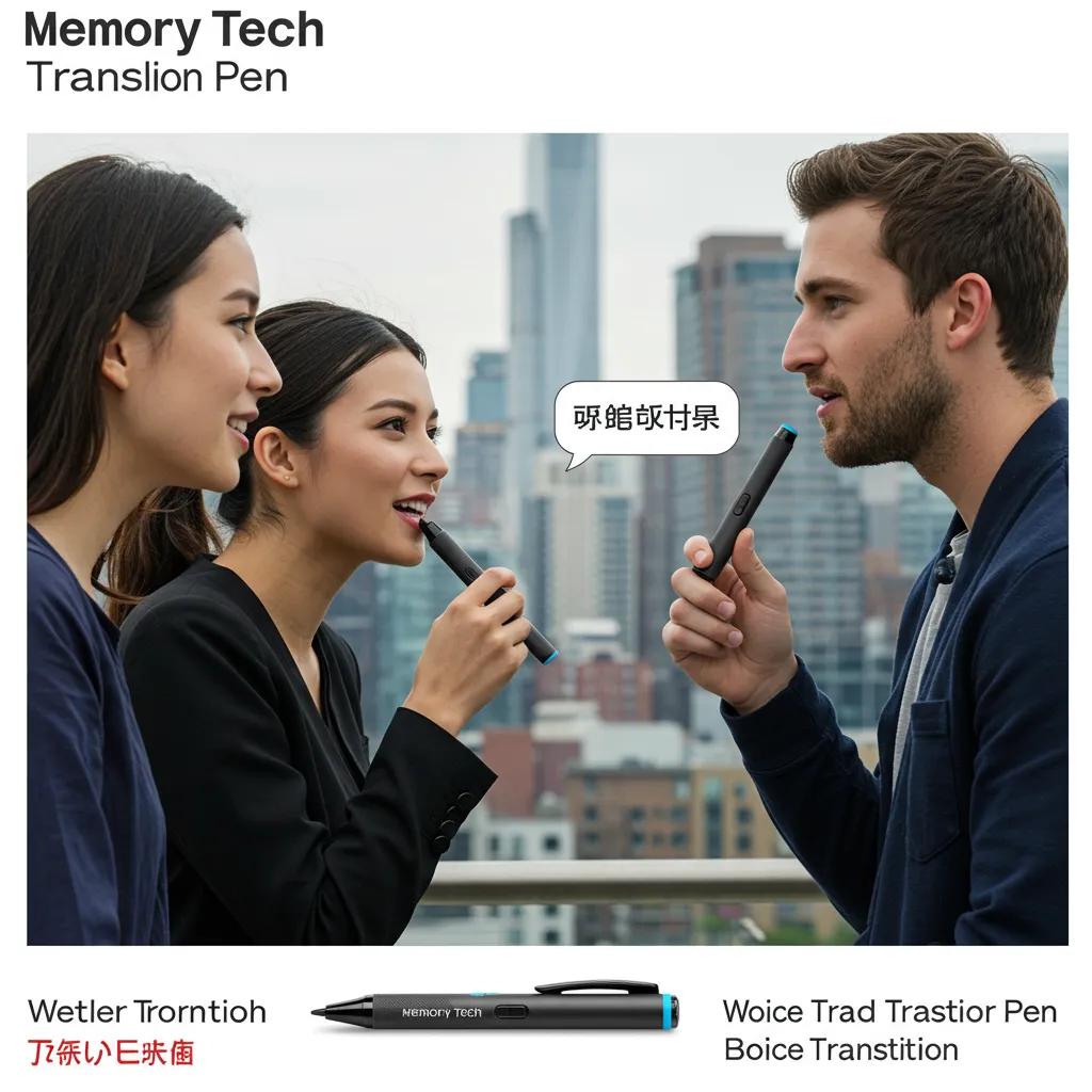 Two people using Memory Tech Translation Pen for real-time voice translation in a city setting