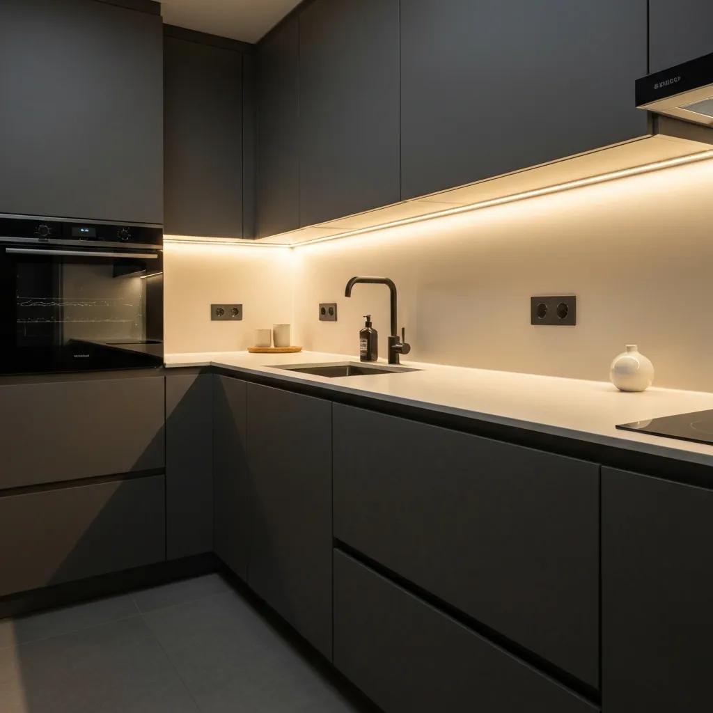 Under‑cabinet LED strip lights casting even light across a modern kitchen countertop