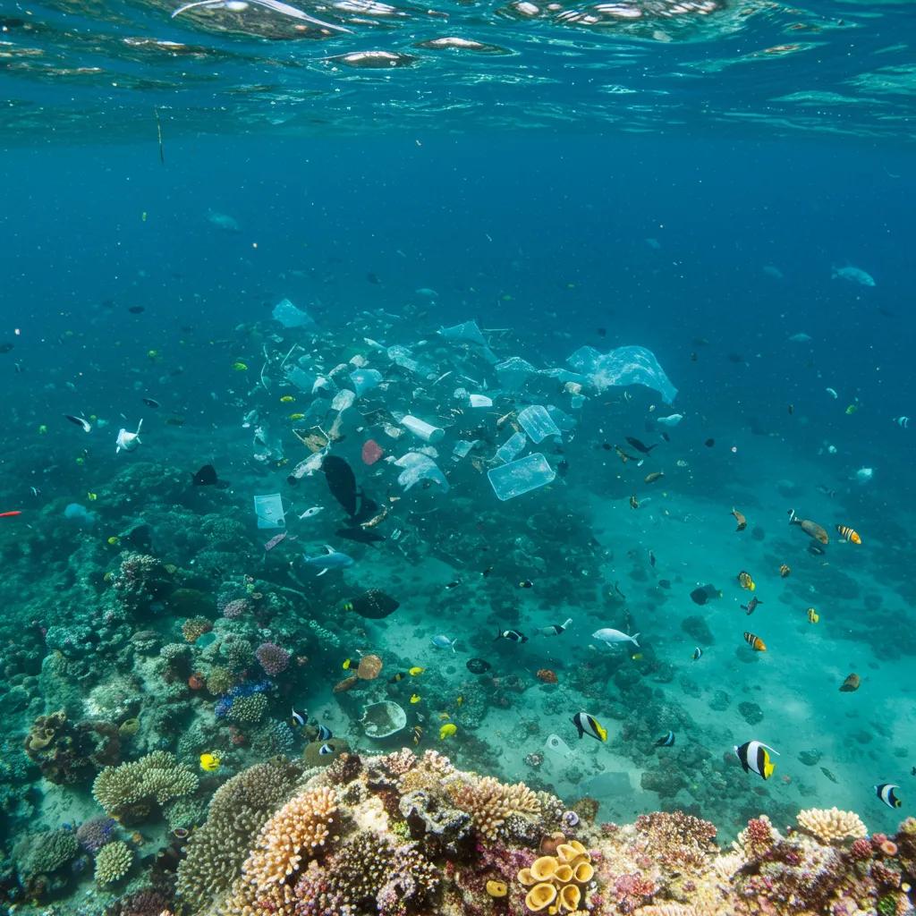 Underwater view of the Great Pacific Garbage Patch with marine life and plastic debris