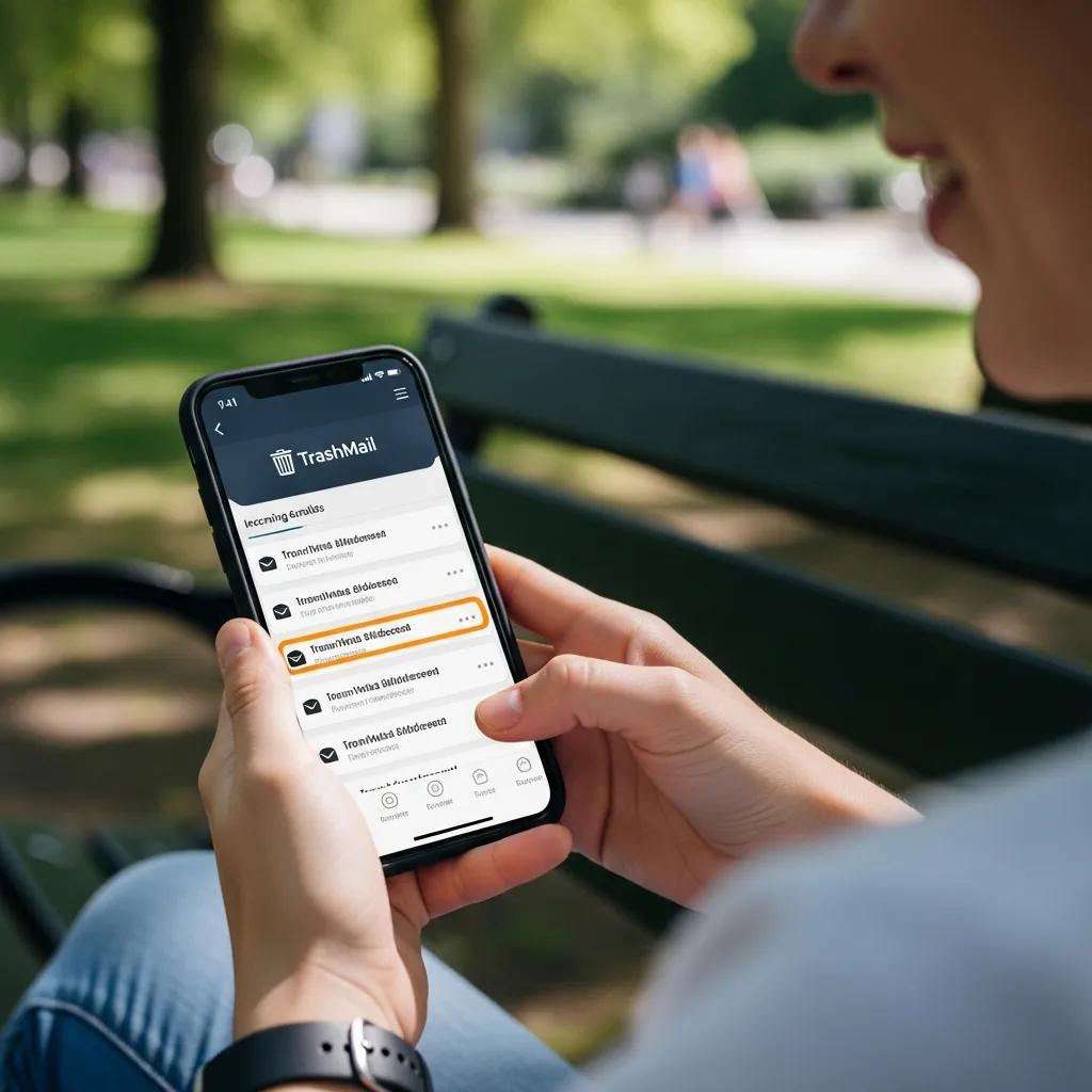 Person using TrashMail on a smartphone outdoors to quickly create a disposable alias