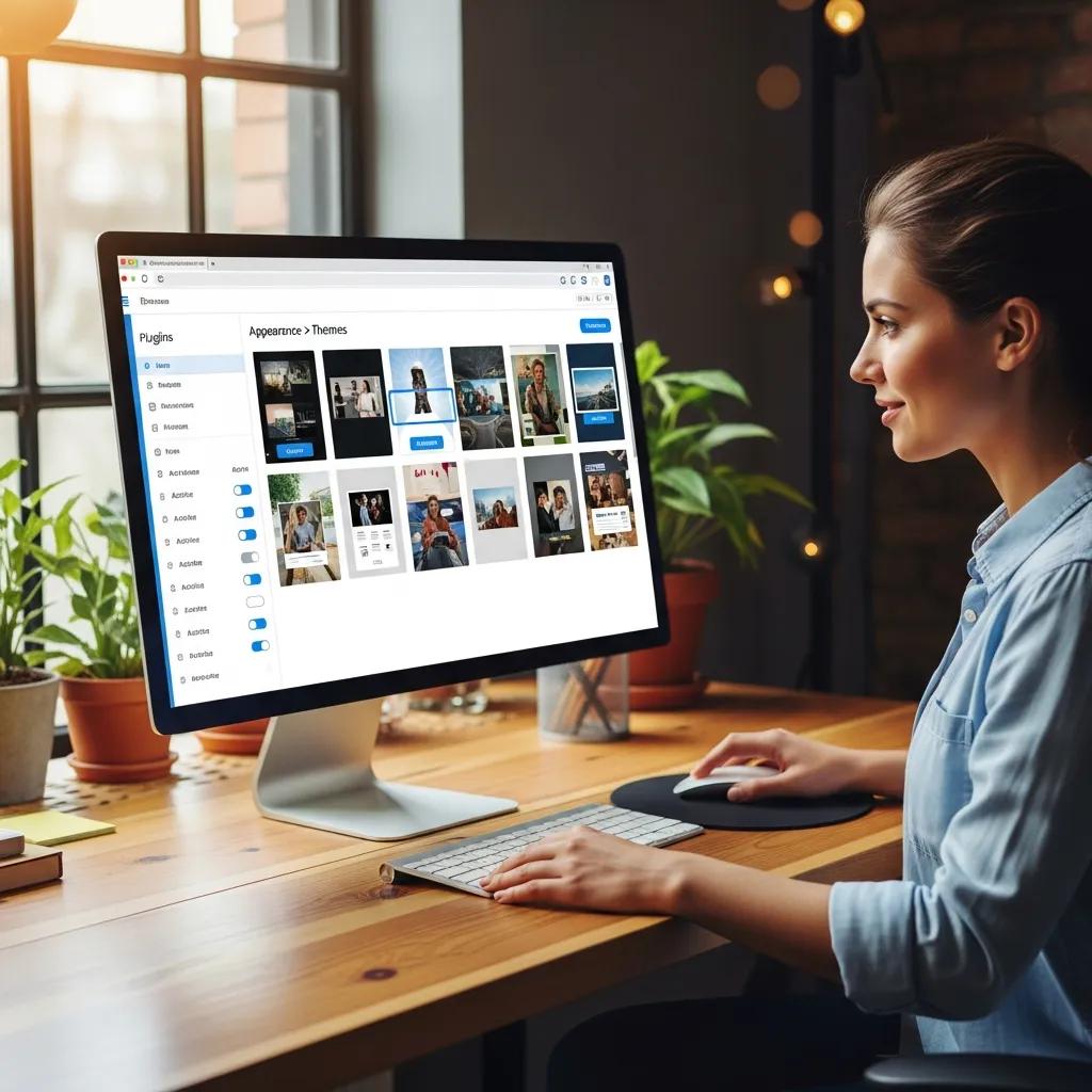 User customizing a WordPress site with themes and plugins in a bright workspace