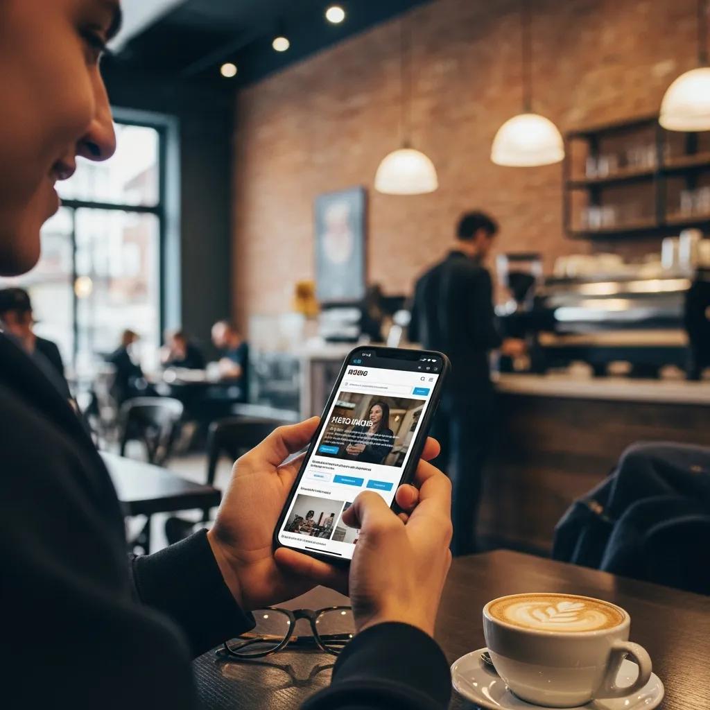 Person using a mobile-optimized website in a café Person using a mobile-optimized website in a café