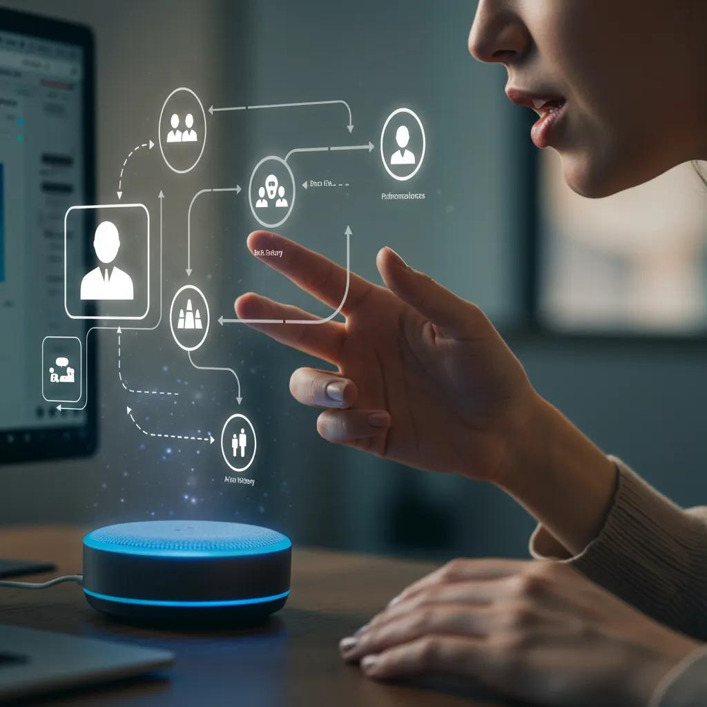 User interacting with voice AI technology, showcasing personalization through data flow and user engagement User interacting with voice AI technology, showcasing personalization through data flow and user engagement