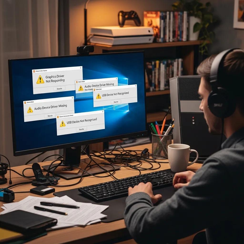 Computer screen showing various driver update software options in a productive workspace
