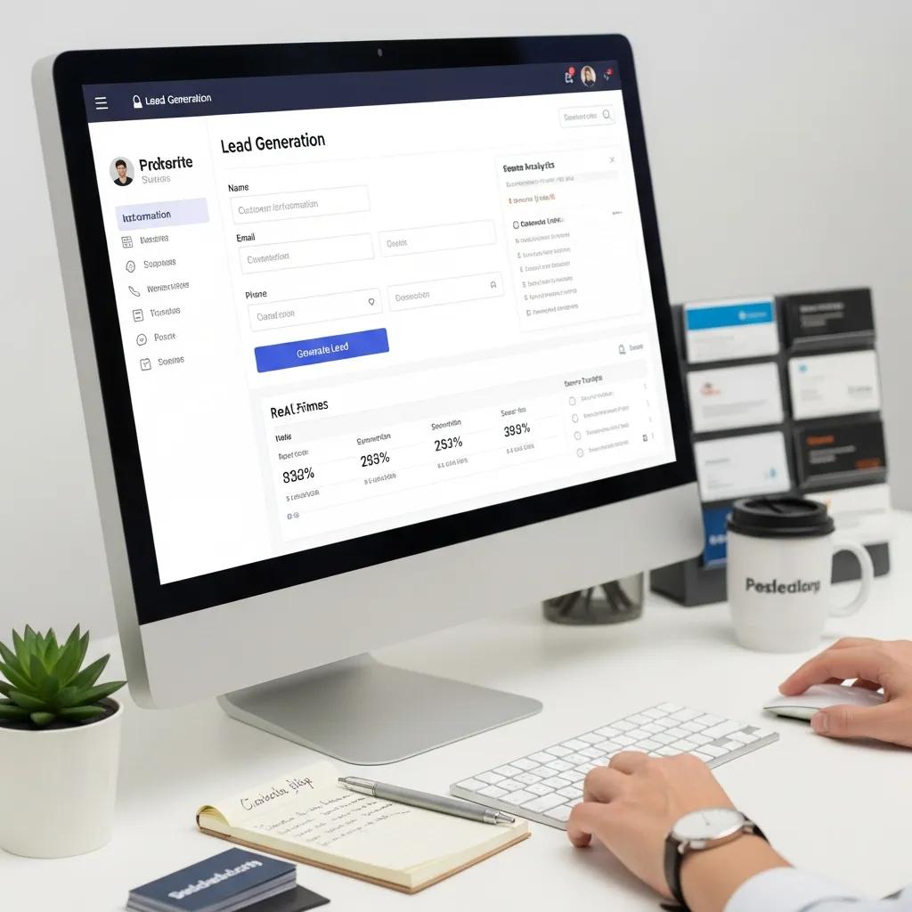 User interacting with a lead generation tool on a computer screen in a workspace