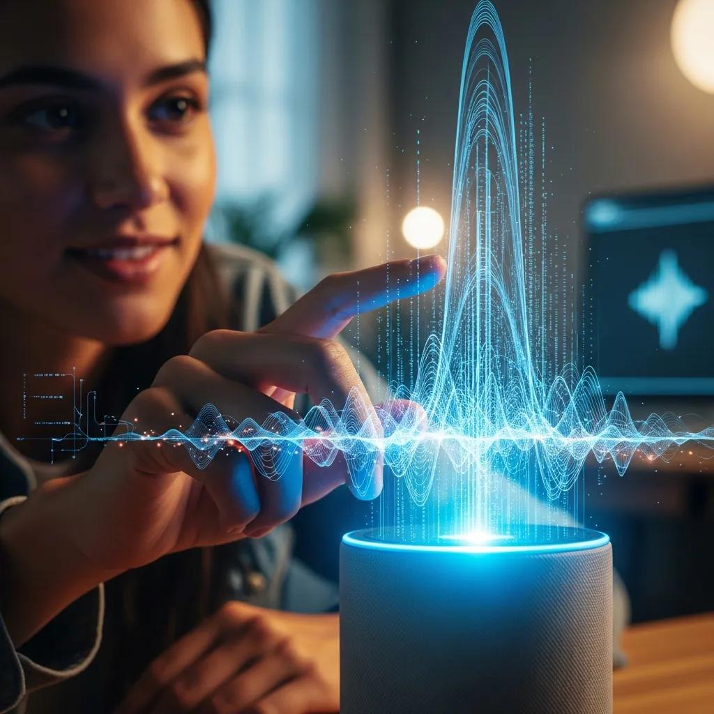 Person speaking to a smart speaker to demonstrate generative AI handling dynamic conversations Person speaking to a smart speaker to demonstrate generative AI handling dynamic conversations