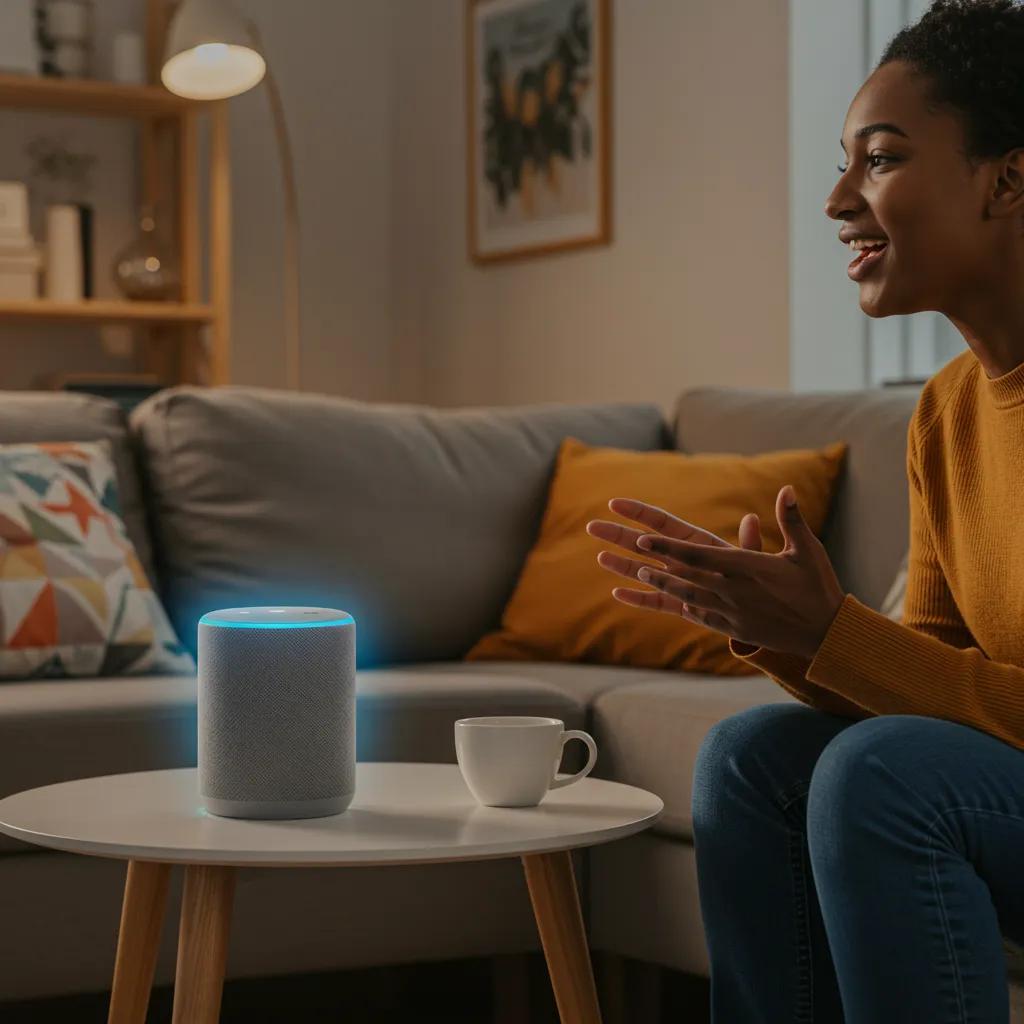 A user engaging with a voice AI assistant in a contemporary home environment, illustrating how technology enhances everyday life A user engaging with a voice AI assistant in a contemporary home environment, illustrating how technology enhances everyday life