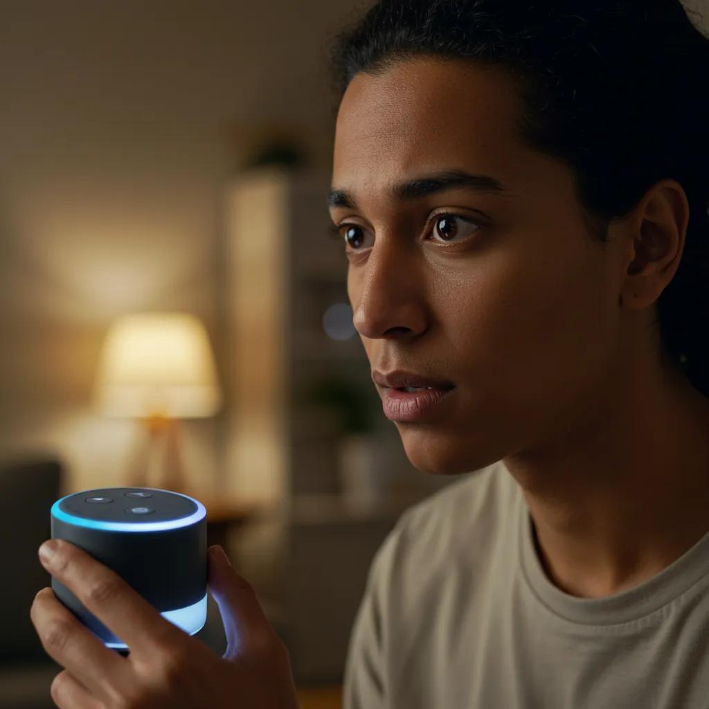 User interacting with a voice AI device in a cozy home environment