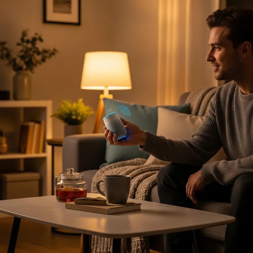 Person speaking to a voice assistant device at home Person speaking to a voice assistant device at home