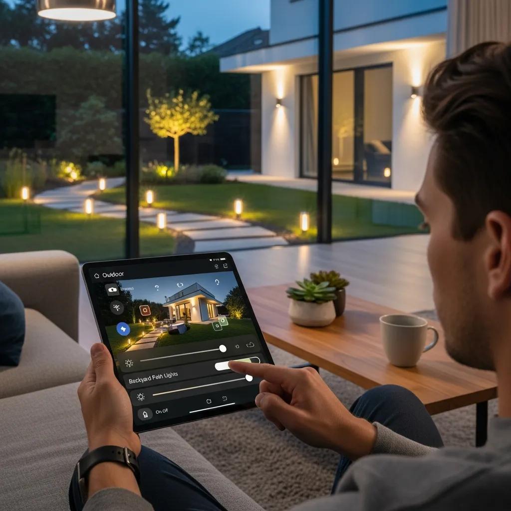 User interacting with smart outdoor lighting controls on a tablet, showcasing integration with home automation