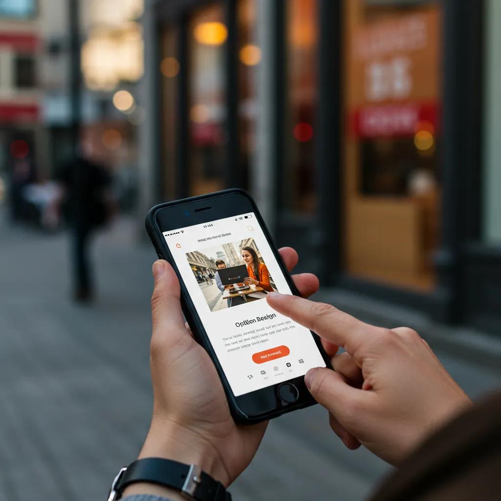 User navigating a mobile-optimized website on a smartphone in an urban setting, illustrating mobile-first design benefits