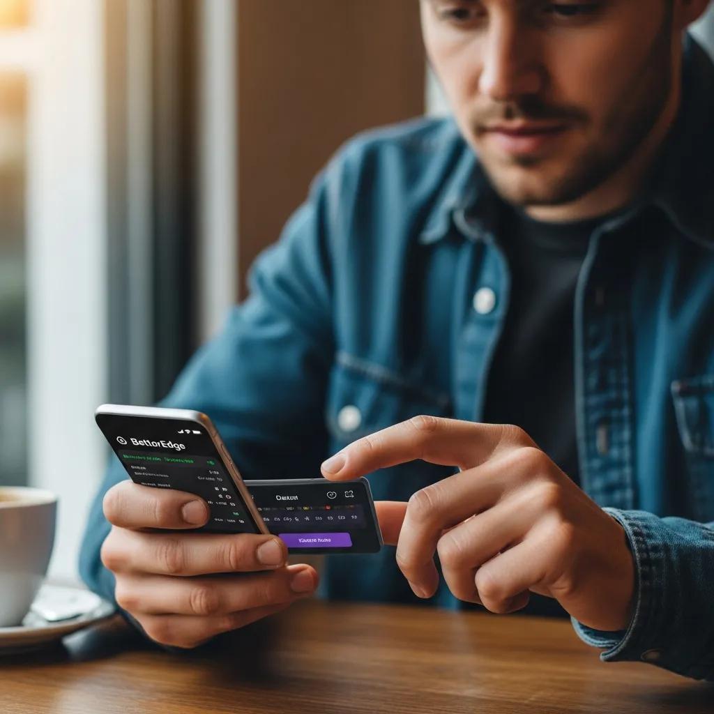 Someone placing a bet on the BettorEdge app while working in a coffee shop