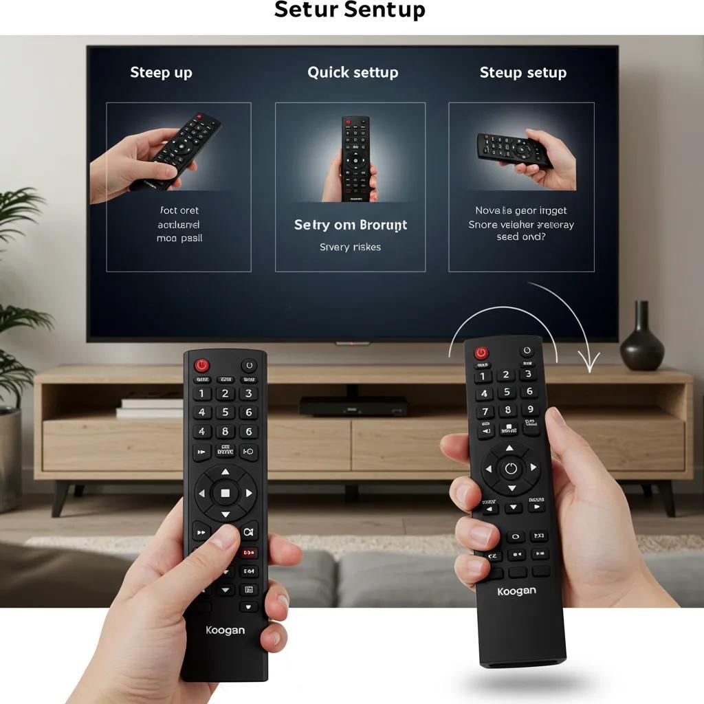 User setting up a Kogan remote control in a living room, illustrating the quick and easy setup process