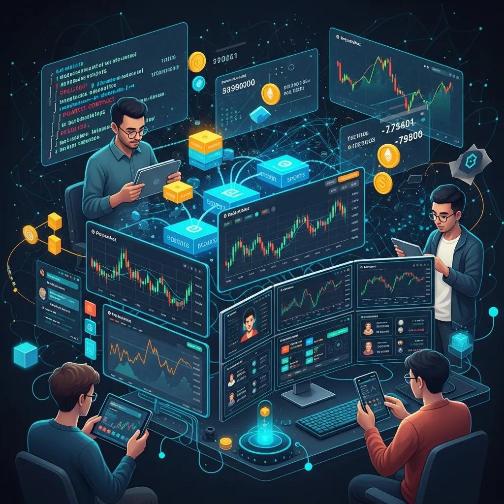 People using a decentralized prediction market with blockchain visuals and contract data