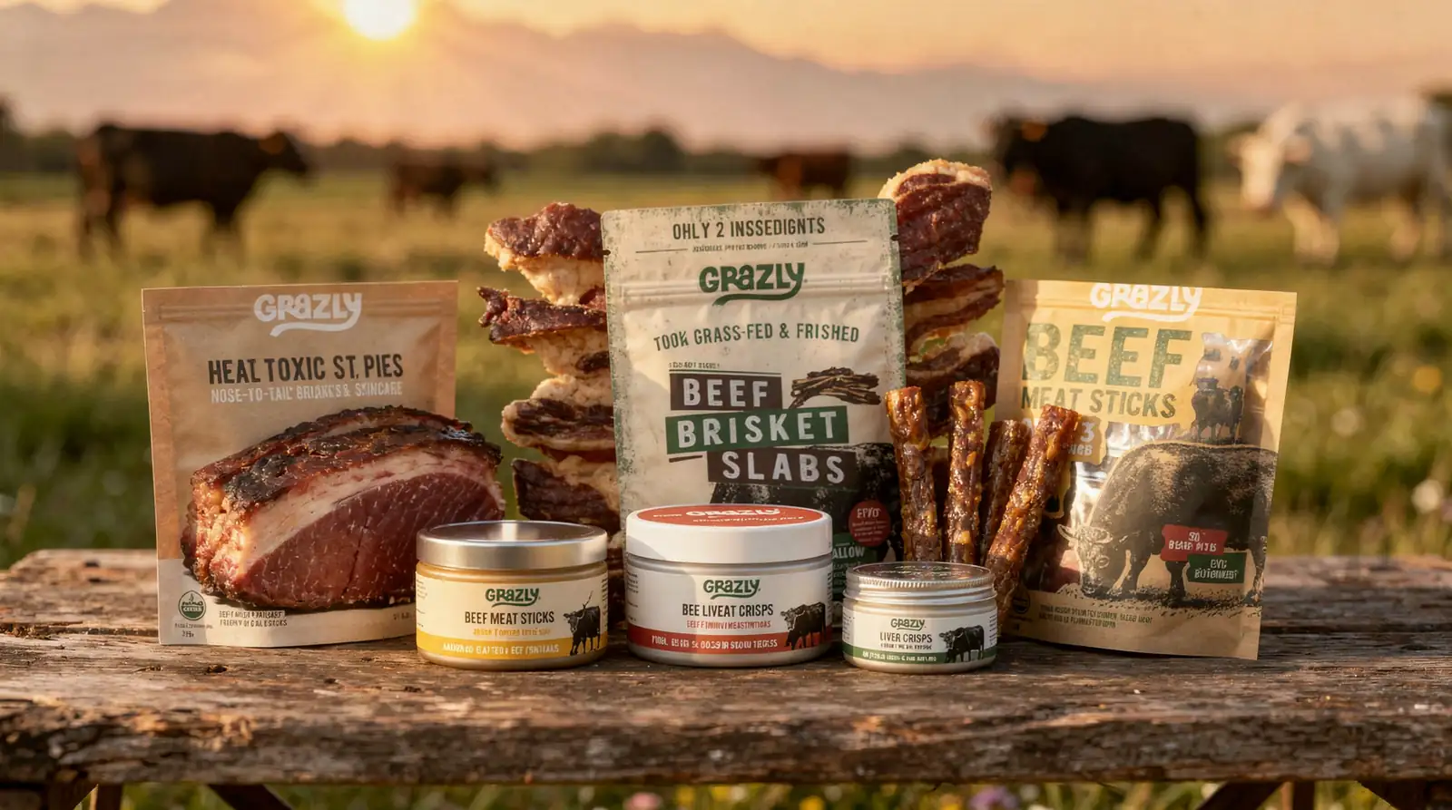 Grazly's snack lineup, including brisket slabs, meat sticks, and organ crisps, is designed to deliver