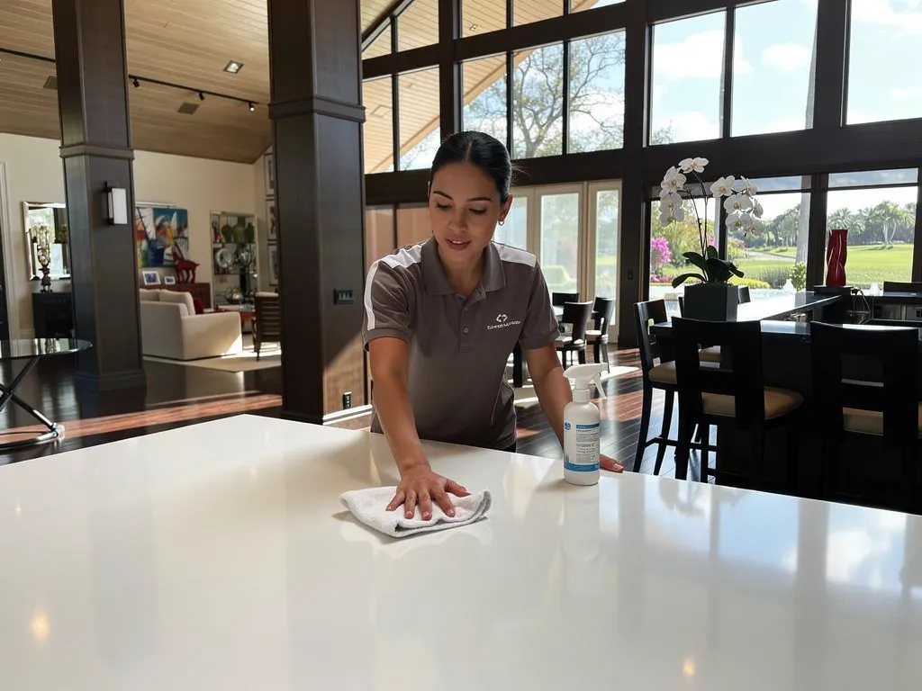 Cleaning professional wiping down surfaces in a humid Florida home