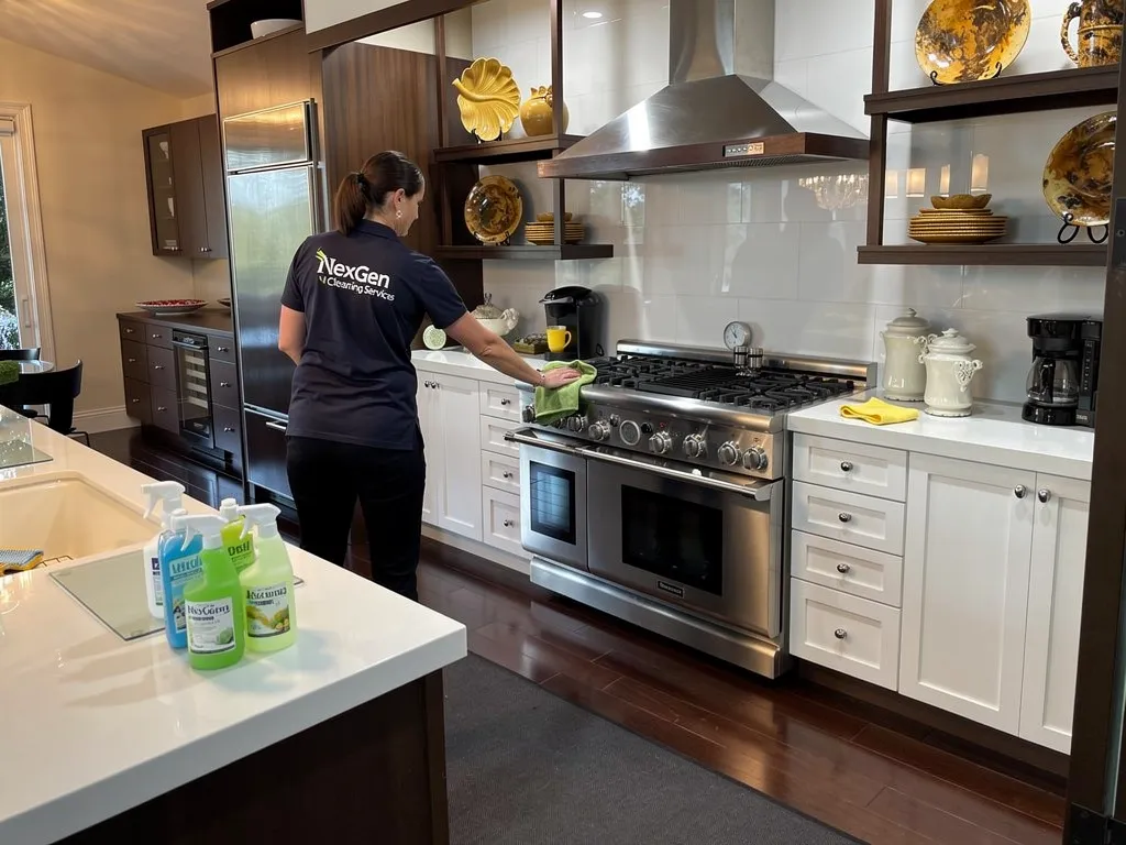 Kitchen and bathroom surfaces being sanitized during a house cleaning Wellington Florida visit