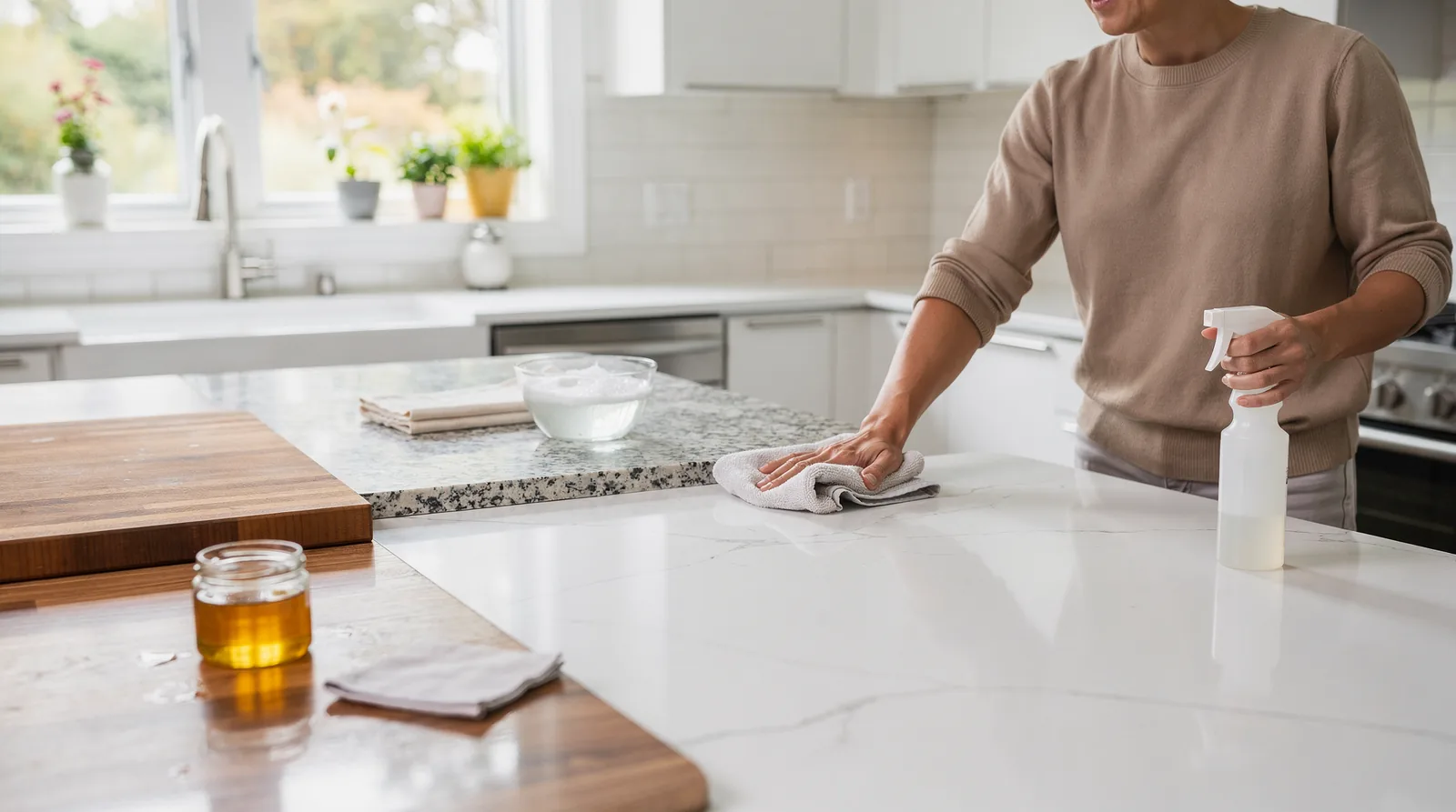 Granite countertop maintenance in a bathroom setting includes periodic sealing to guard against moisture