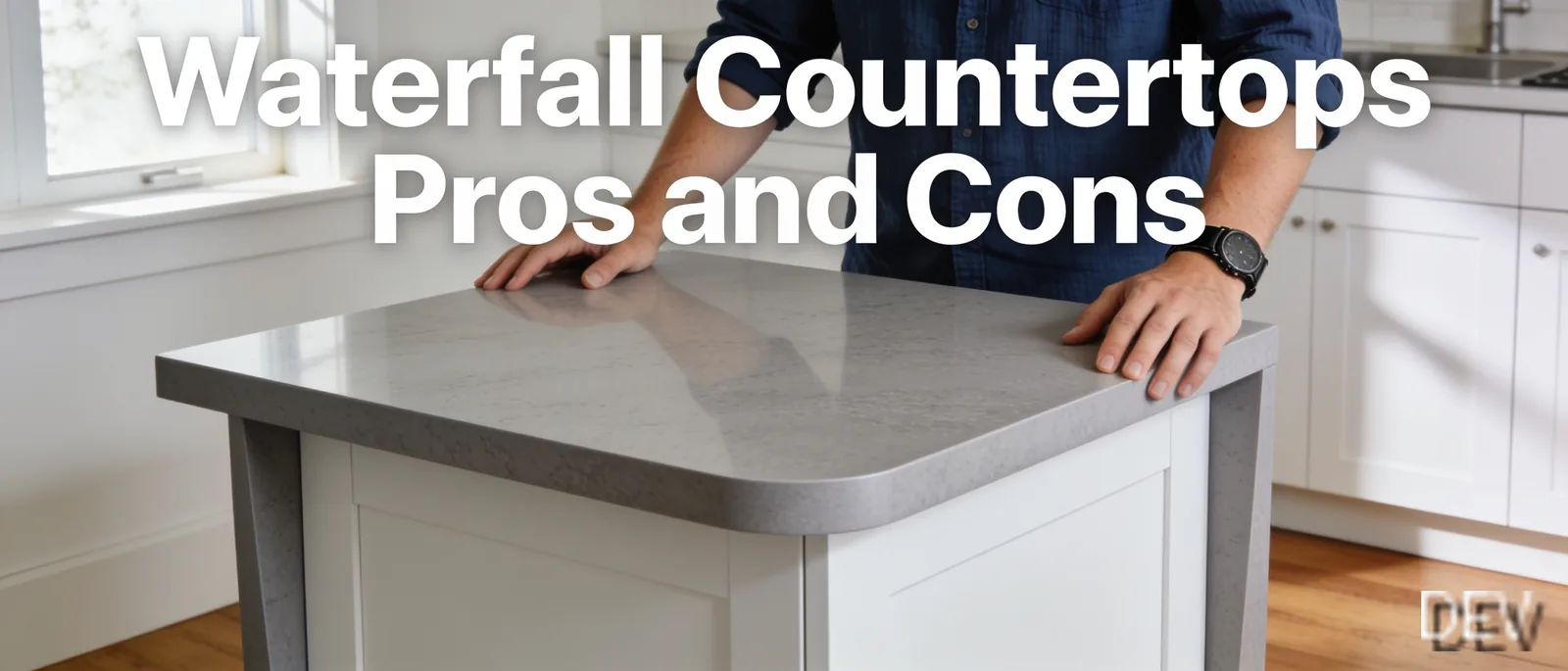 A waterfall edge countertop makes a 90-degree angle where the surface continues down the side