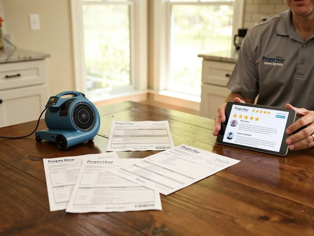 Homeowner comparing HVAC contractor quotes and reviews at home