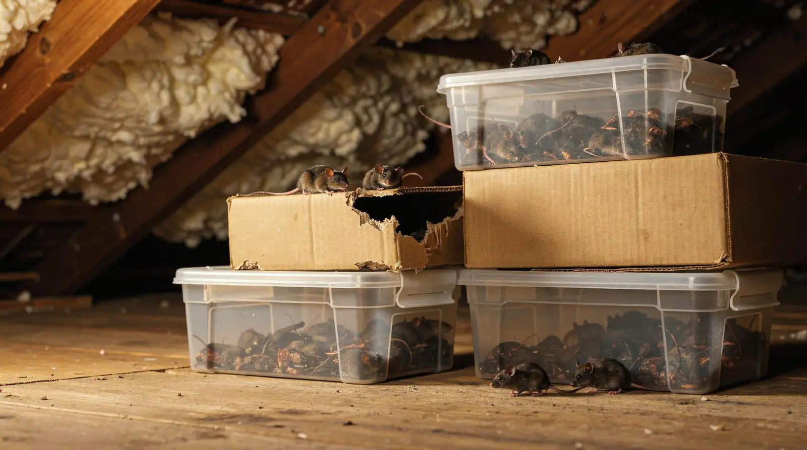 Homeowners should store attic items in airtight, plastic containers rather than cardboard boxes, which rodents