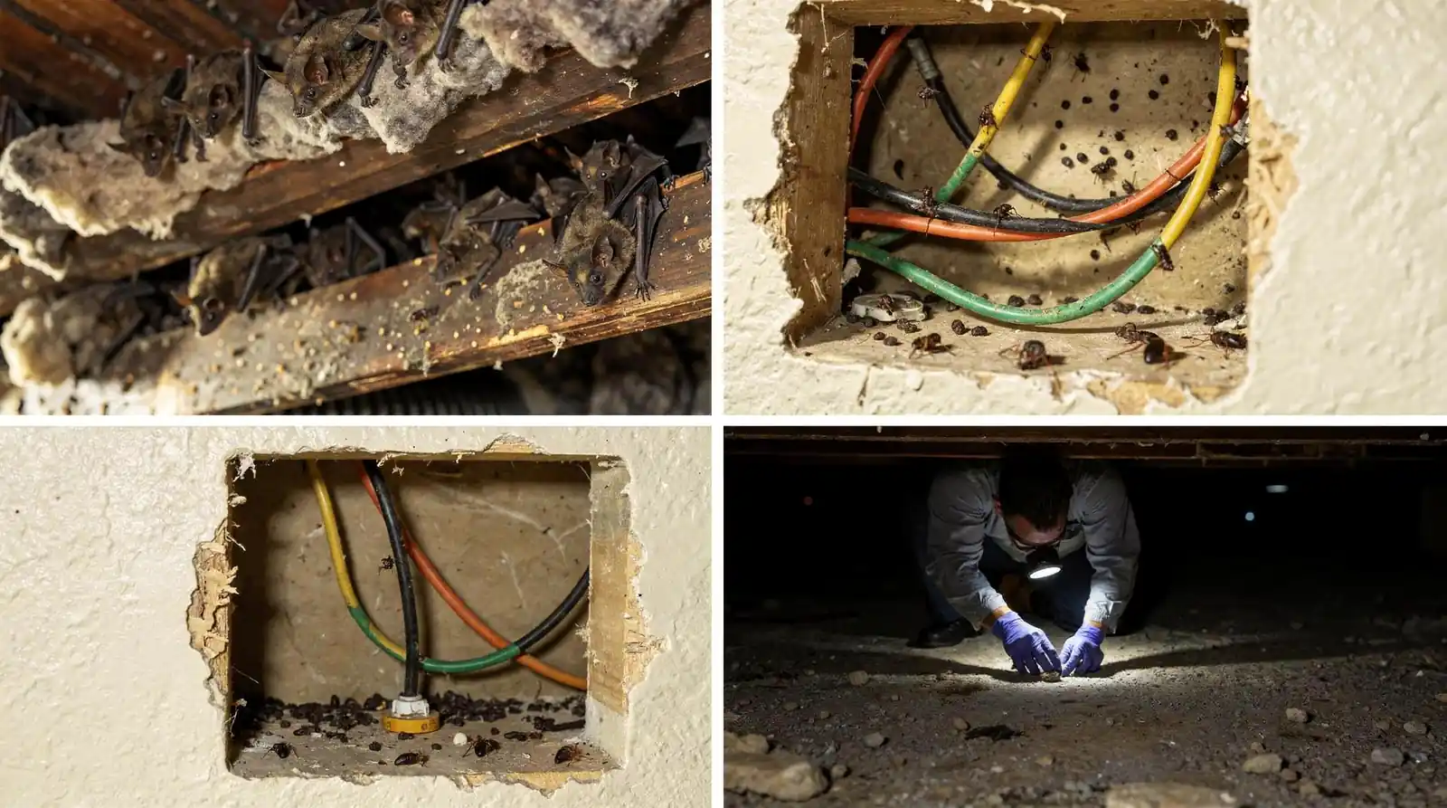 Attics, wall voids, insulation, basements, and crawl spaces should be checked for nesting material, chewed