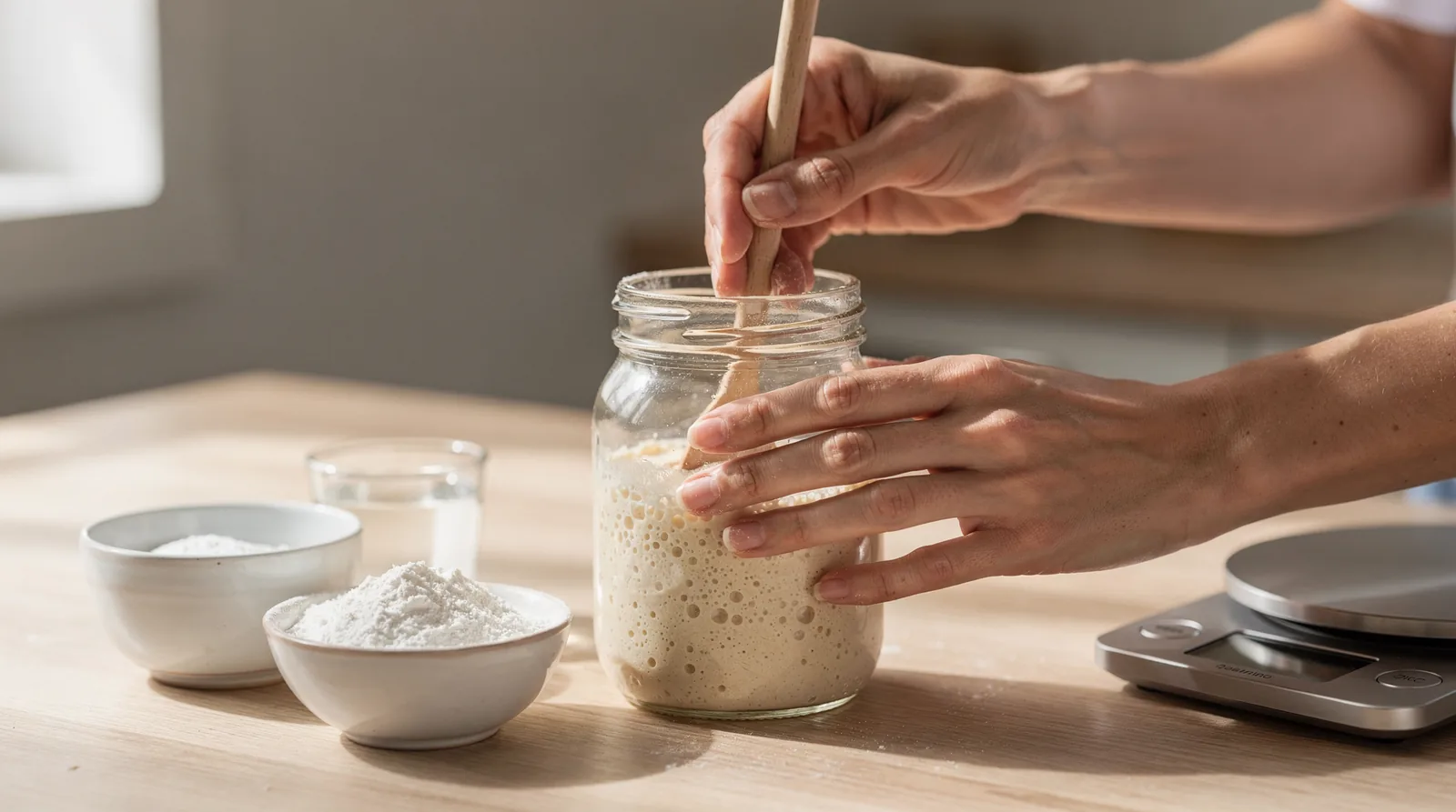A starter begins as a mix of flour and liquid and can range from stiff