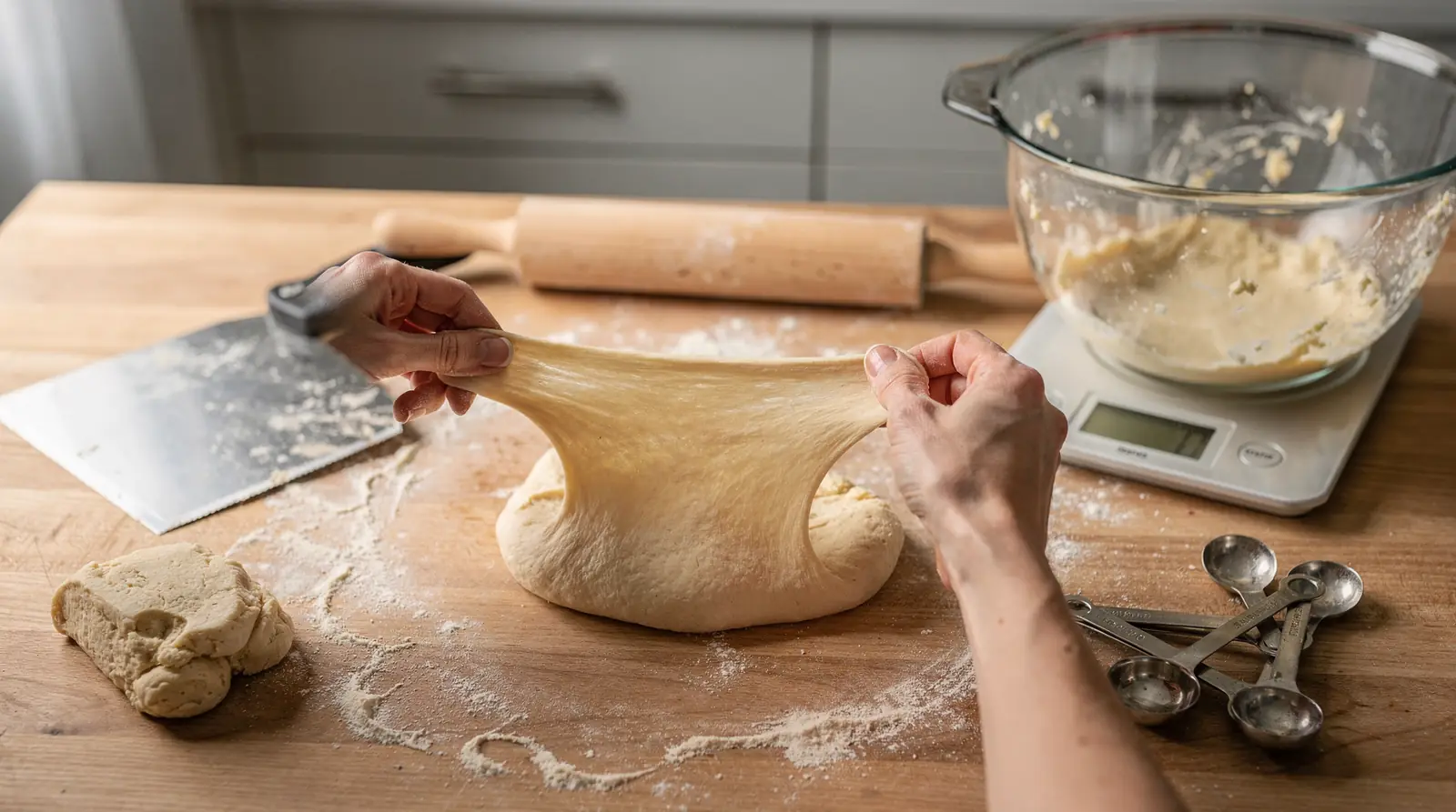 A successful preshape only needs a bench knife, a little flour for dusting, and dough