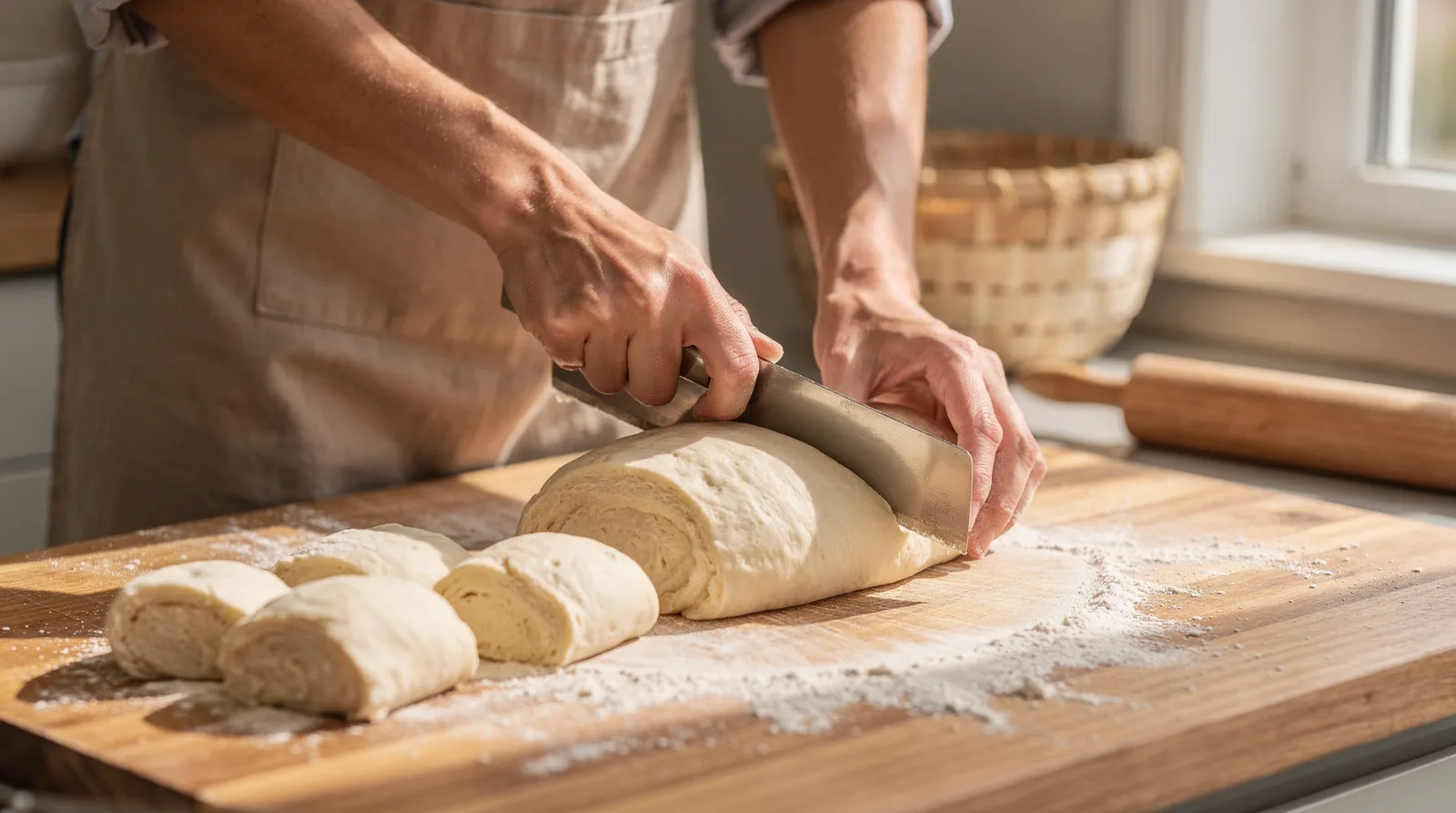 Dividing splits the dough into smaller pieces per a recipe.; Dividing adds strength