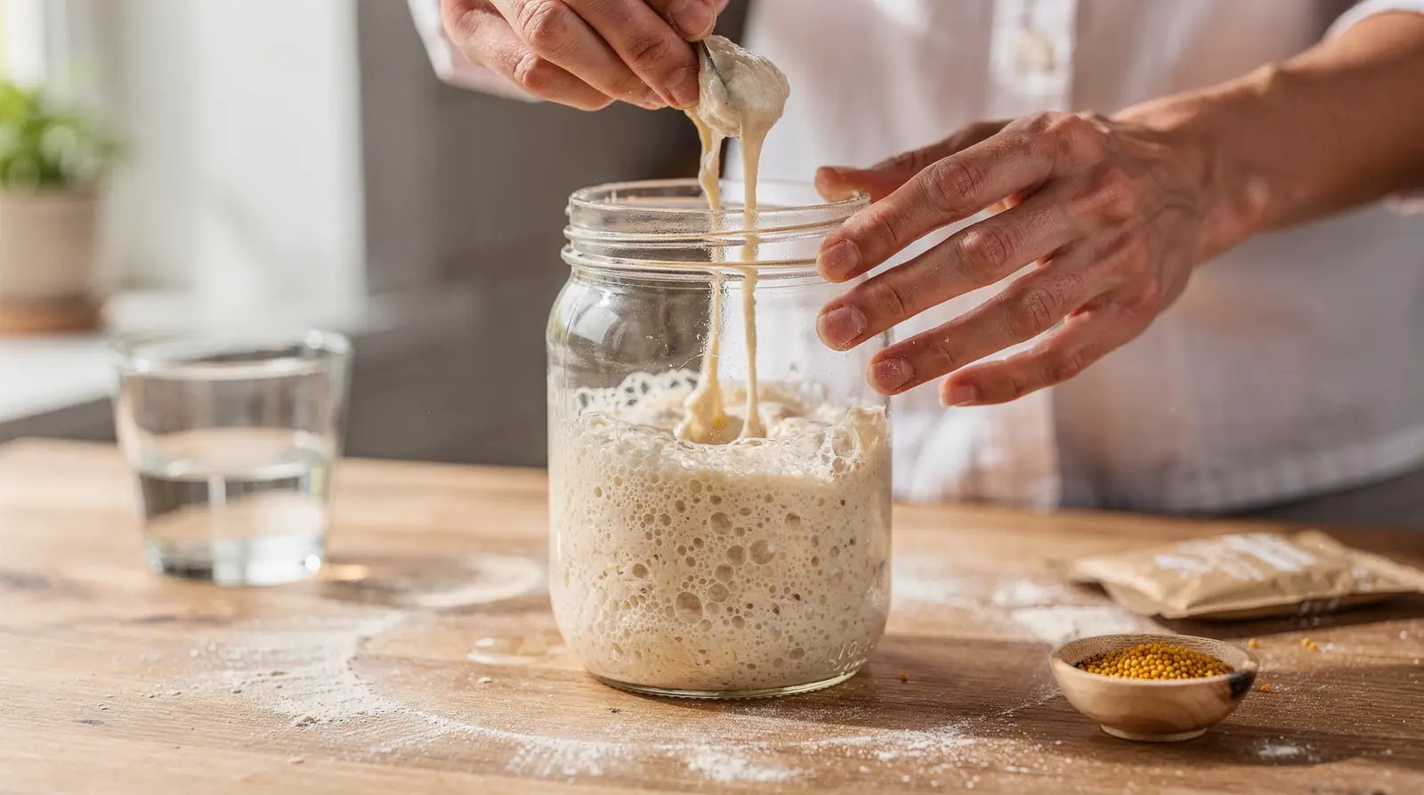 Traditional sourdough relies solely on wild yeast captured from the air and grain, not