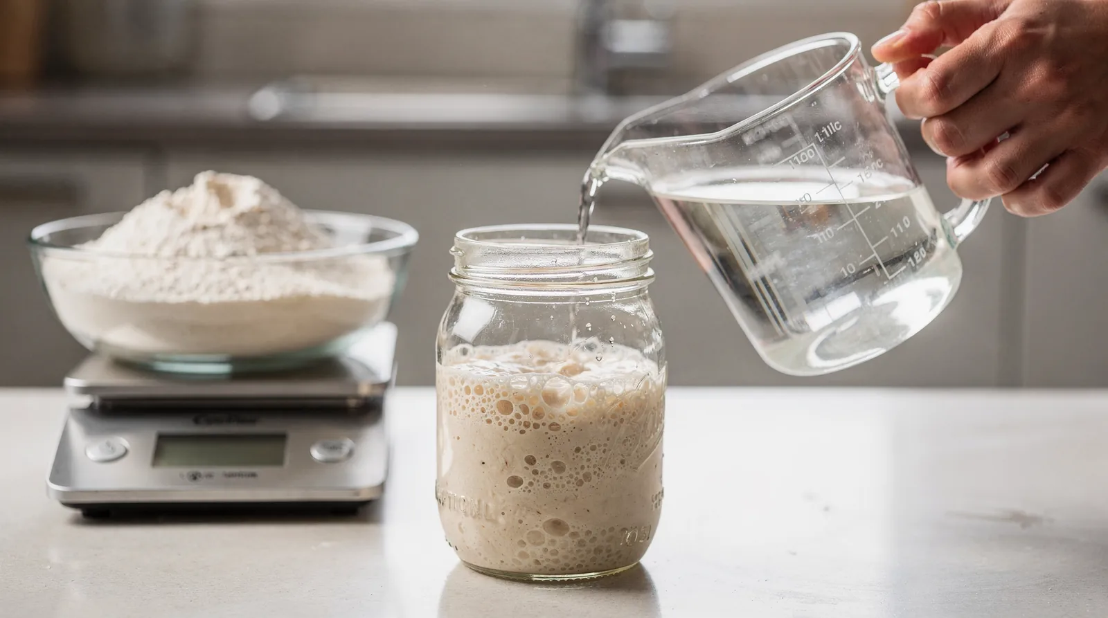 Hydration is defined as the ratio of water to flour in a sourdough starter.; Most