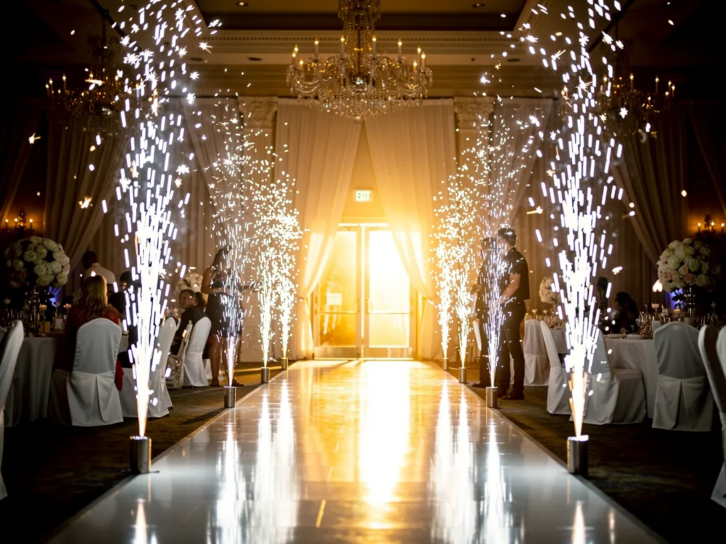 Cold spark fountains lighting up an indoor wedding entrance