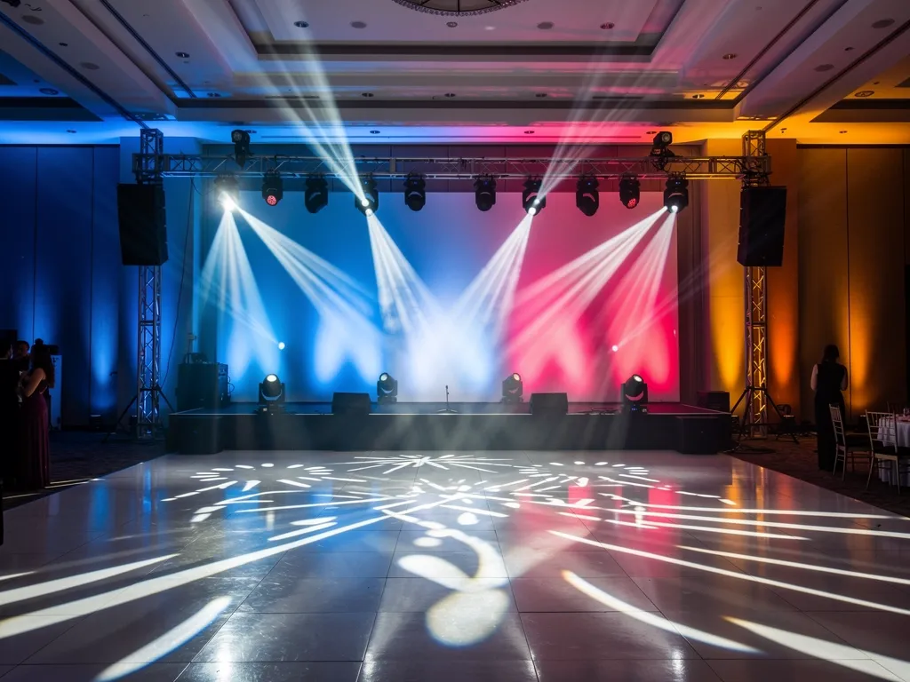 Colorful uplighting and moving head beams across a Calgary event stage