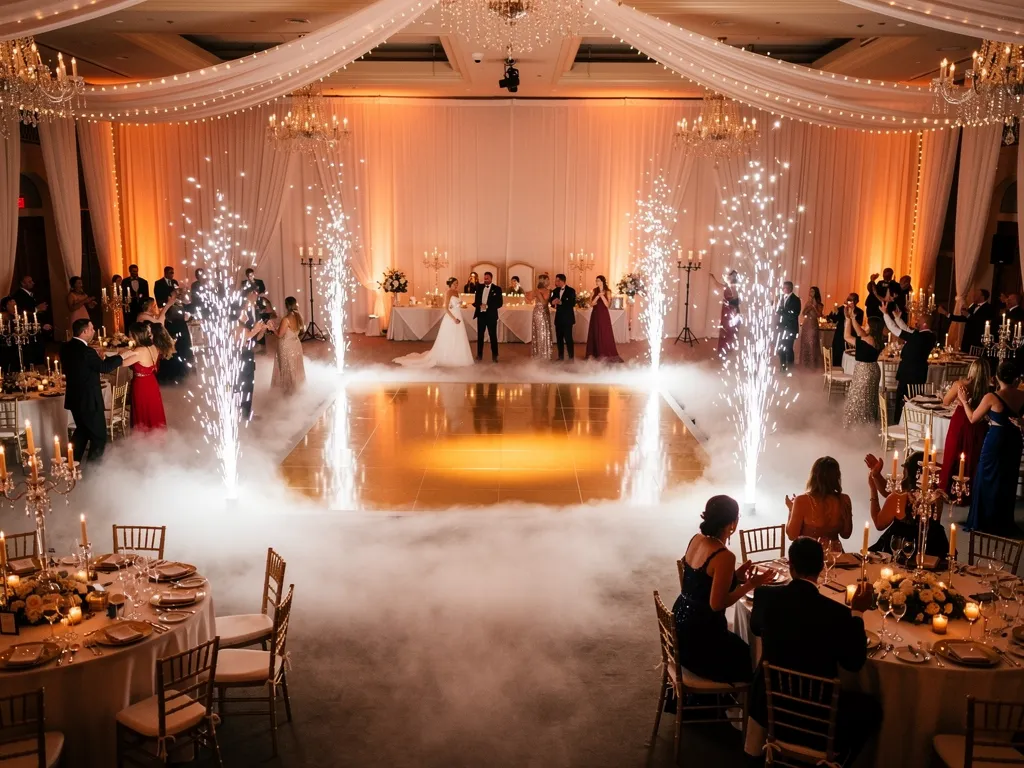 Guests celebrating under dry ice fog and cold spark effects at a Calgary event