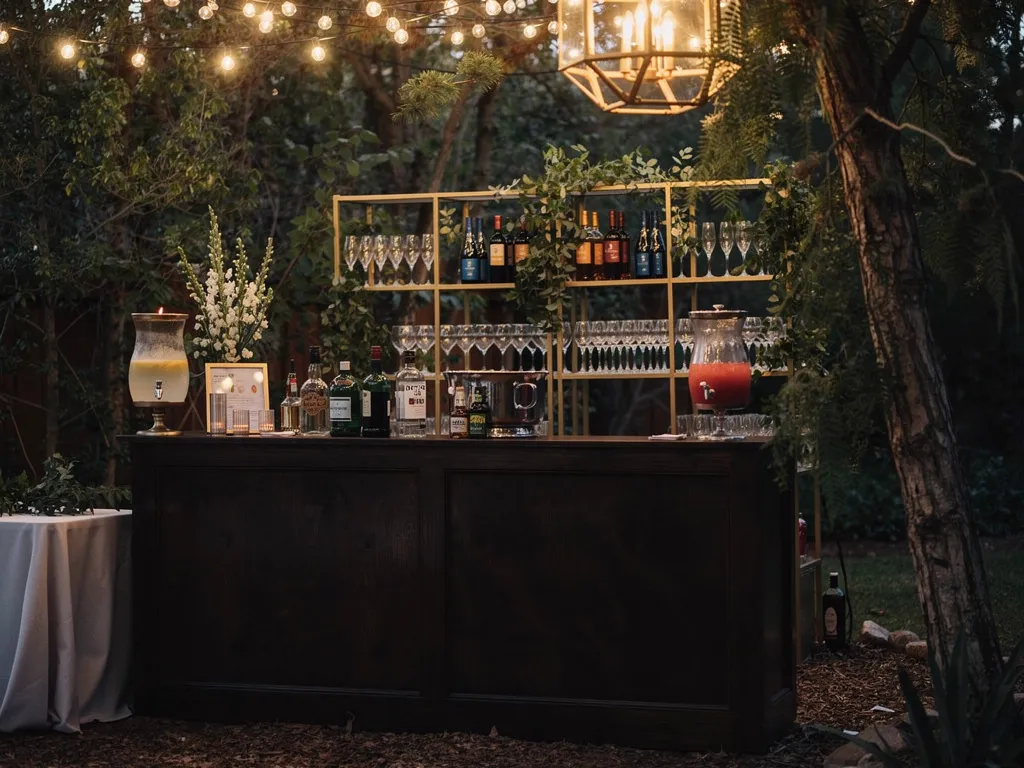 wedding bar with glassware neatly arranged on shelves including wine glasses champagne flutes and cocktail