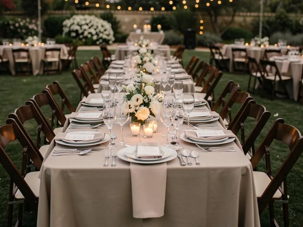 immaculately set wedding dinner table with arranged wine glasses water goblets champagne flutes and crisp