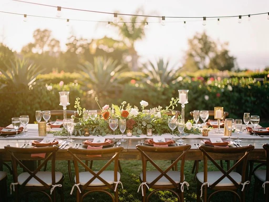 outdoor garden wedding reception table at golden hour with crystal glassware candles and lush California