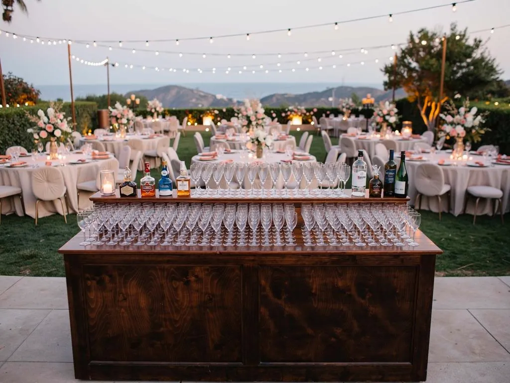 Complete outdoor wedding bar rental setup with crystal glassware, linen, cocktail tables, and lounge furniture
