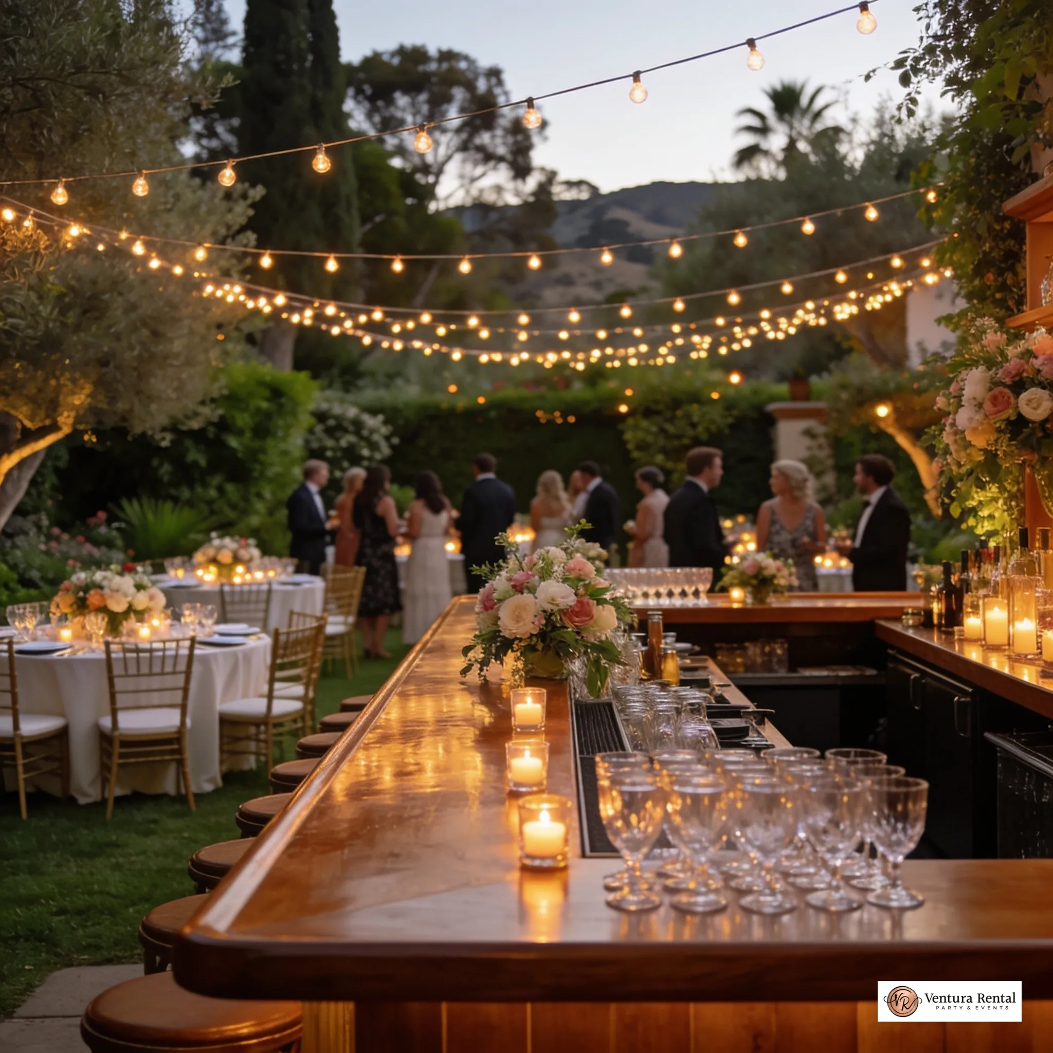 Elegant outdoor wedding bar setup with crystal glassware and floral accents at a Santa Barbara