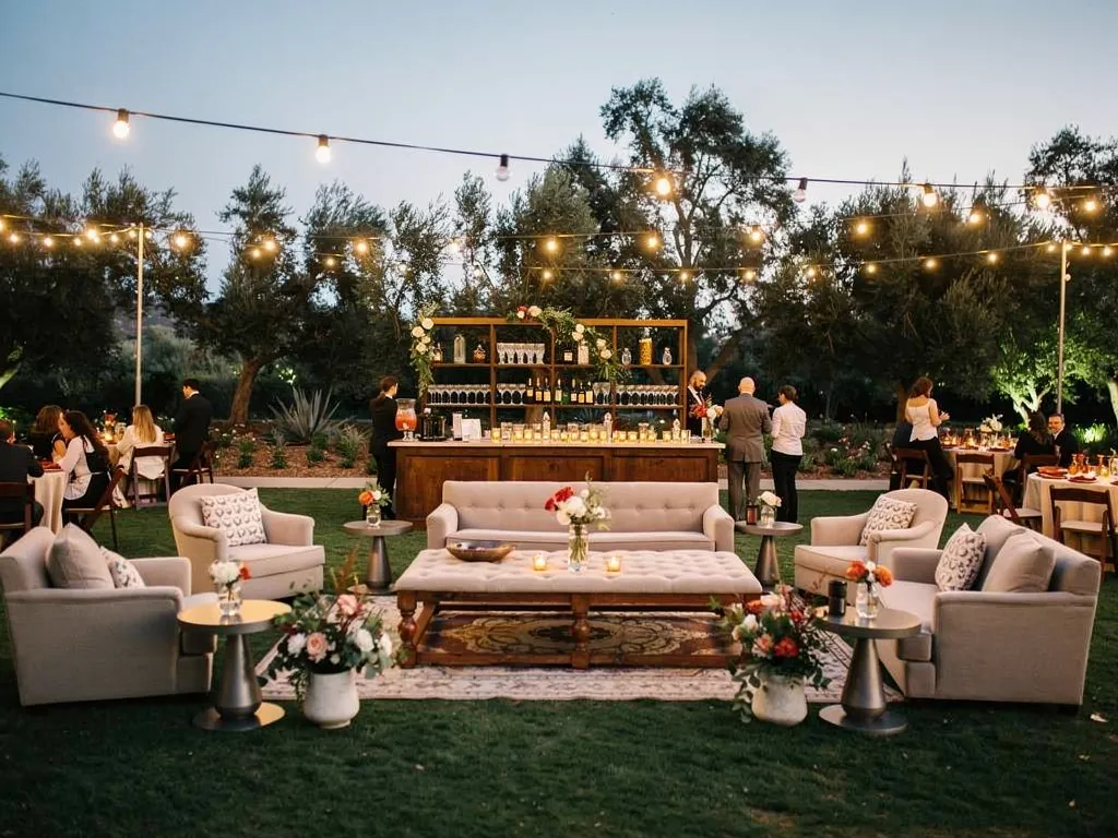 Outdoor wedding bar on garden lawn with polished glassware and guests gathering under string lights