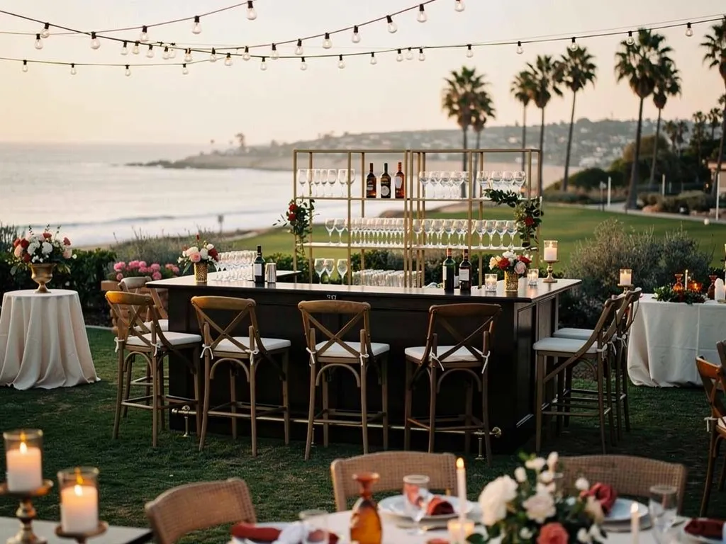 Outdoor wedding bar at a Santa Barbara coastal venue with crystal glassware and ocean view