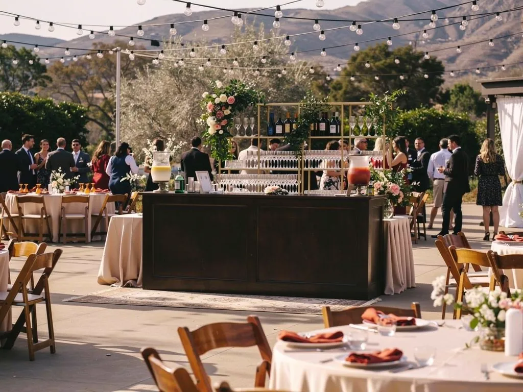 Well-organized outdoor wedding bar with neatly arranged glassware and clear guest pathways showing proper setup