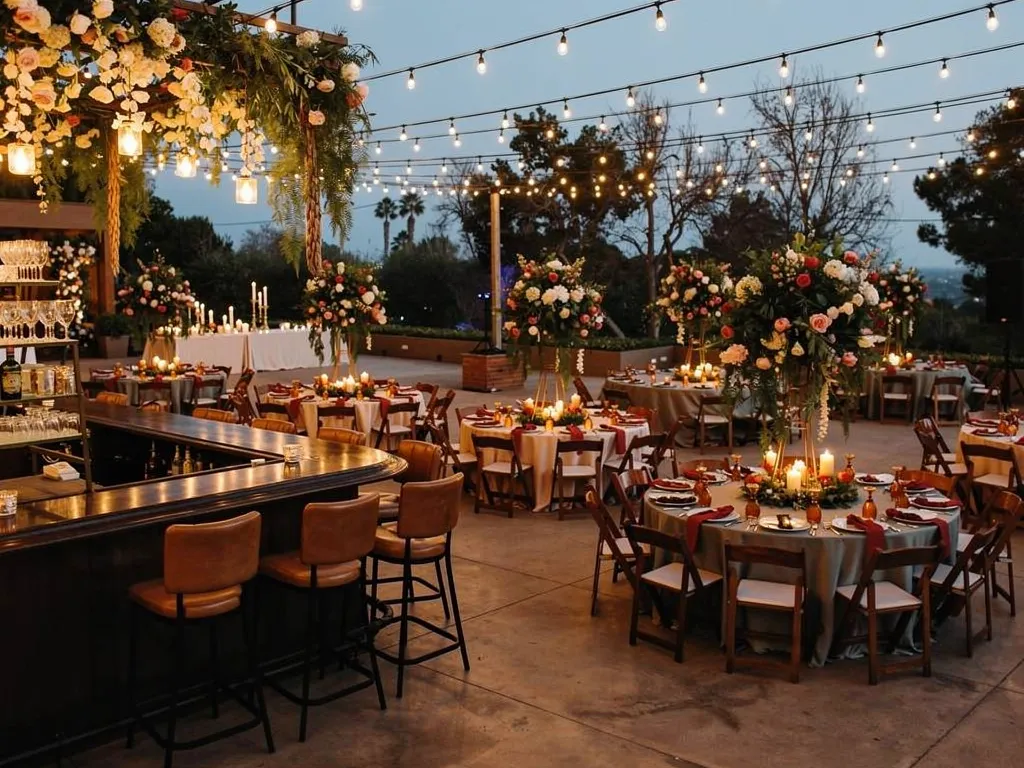 wedding venue cocktail lounge and reception dining area with warm candlelight and elegant floral decor