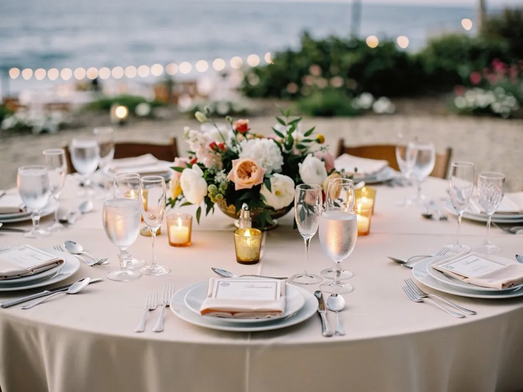 luxury wedding table place setting with charger plates polished flatware crystal glassware and floral centerpiece