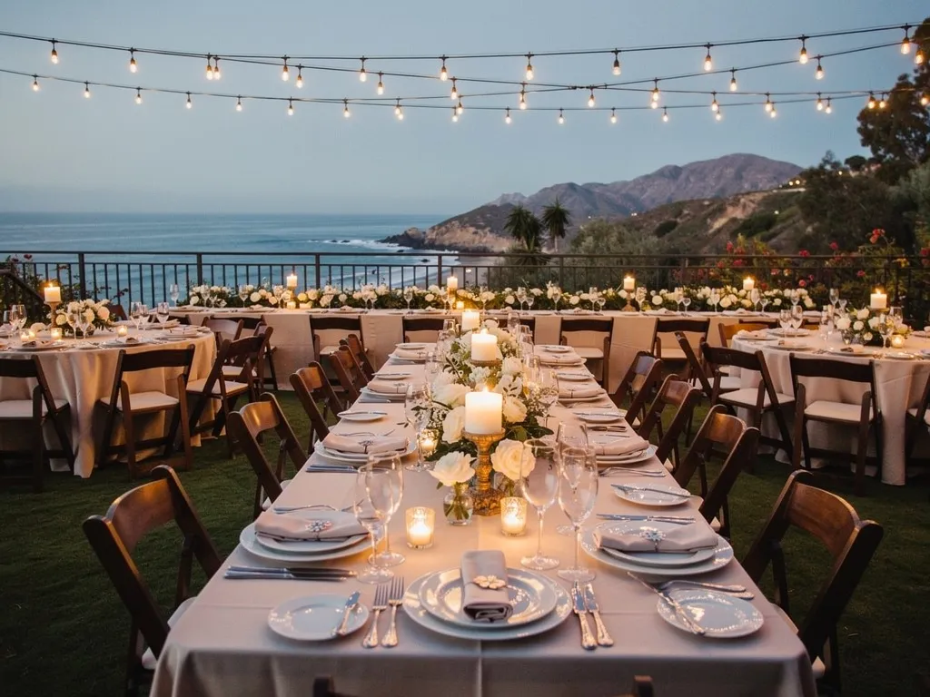 fully styled Santa Barbara wedding reception dining tables with crystal glassware candles and romantic venue