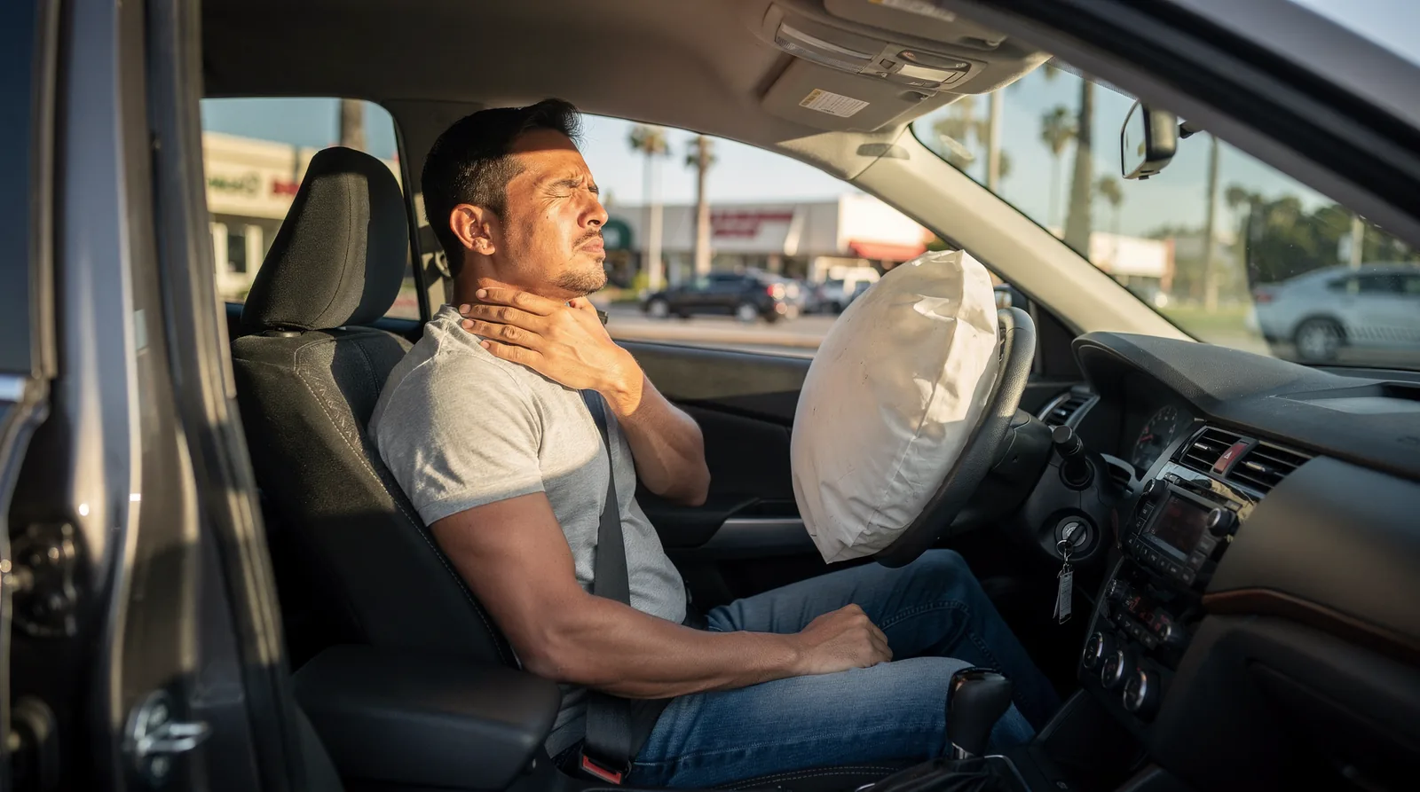 Bracing on a steering wheel during impact can injure the hips, knees, or arms